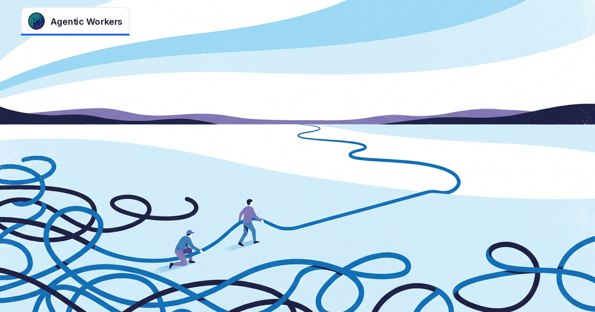 Two people untangle a complex path into one clear route across a blue landscape