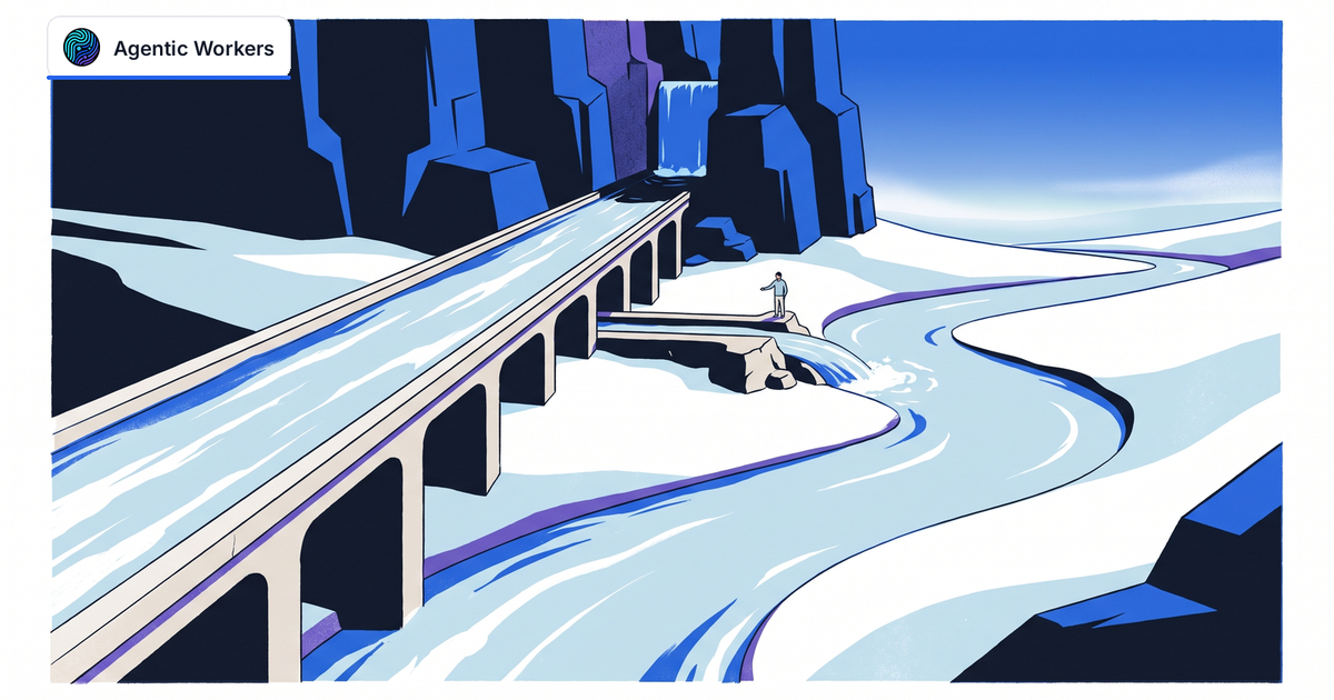 A person redirects a fast water channel toward an open river beyond a blocked canyon.