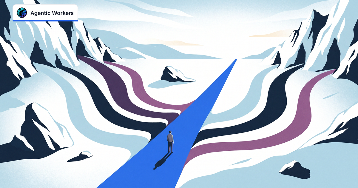 One person stands where six mountain trails meet a clear blue path toward an open valley.