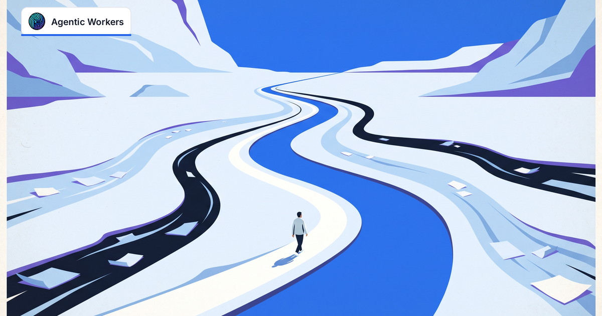 A lone founder walks beside six winding work streams merging into one clear blue river toward an open horizon.