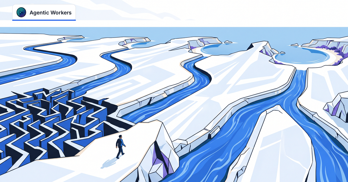 A person leaves a dark maze for separate blue river channels leading to open coastal coves.