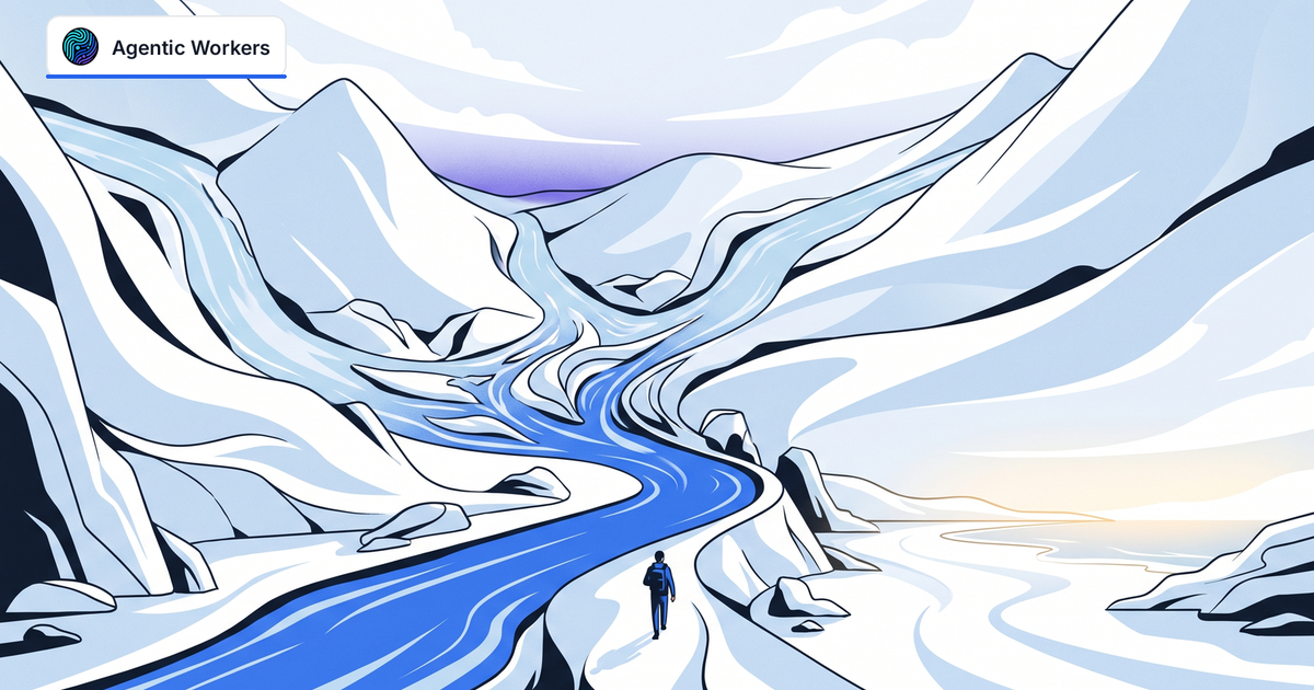 Several blue mountain streams merge into one clear river as a person walks toward an open coast.