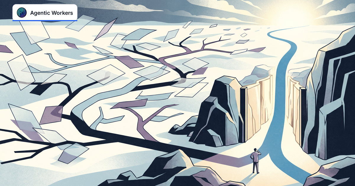 A person faces branching paper-strewn paths that narrow into a clear blue route through a sunlit mountain pass.