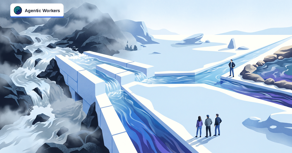 Mountain water divides into two clear channels toward a manager and a small team in an open valley.