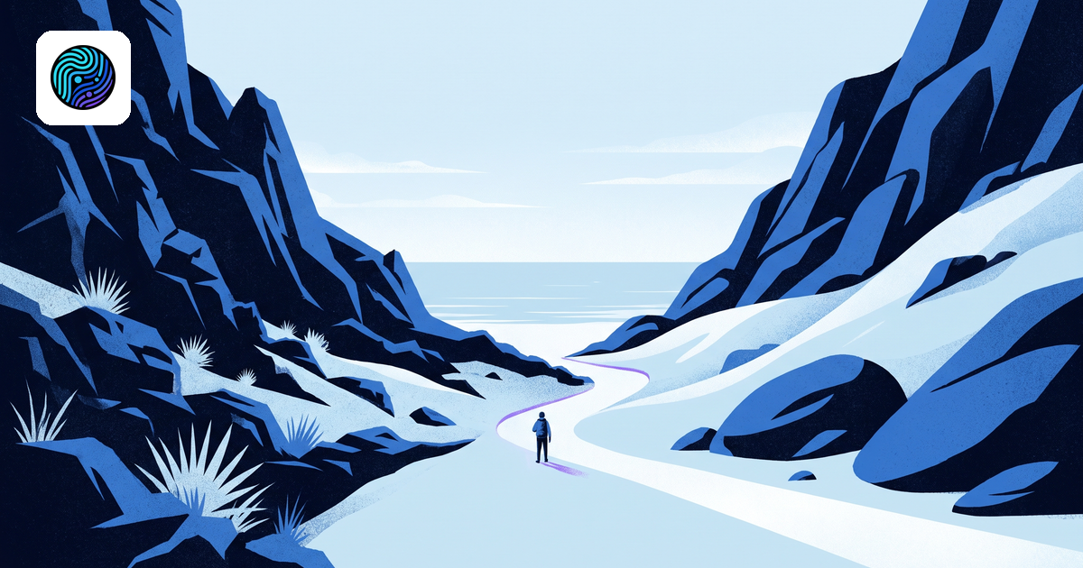 A small person chooses a path between two blue mountain valleys leading to an open coast.