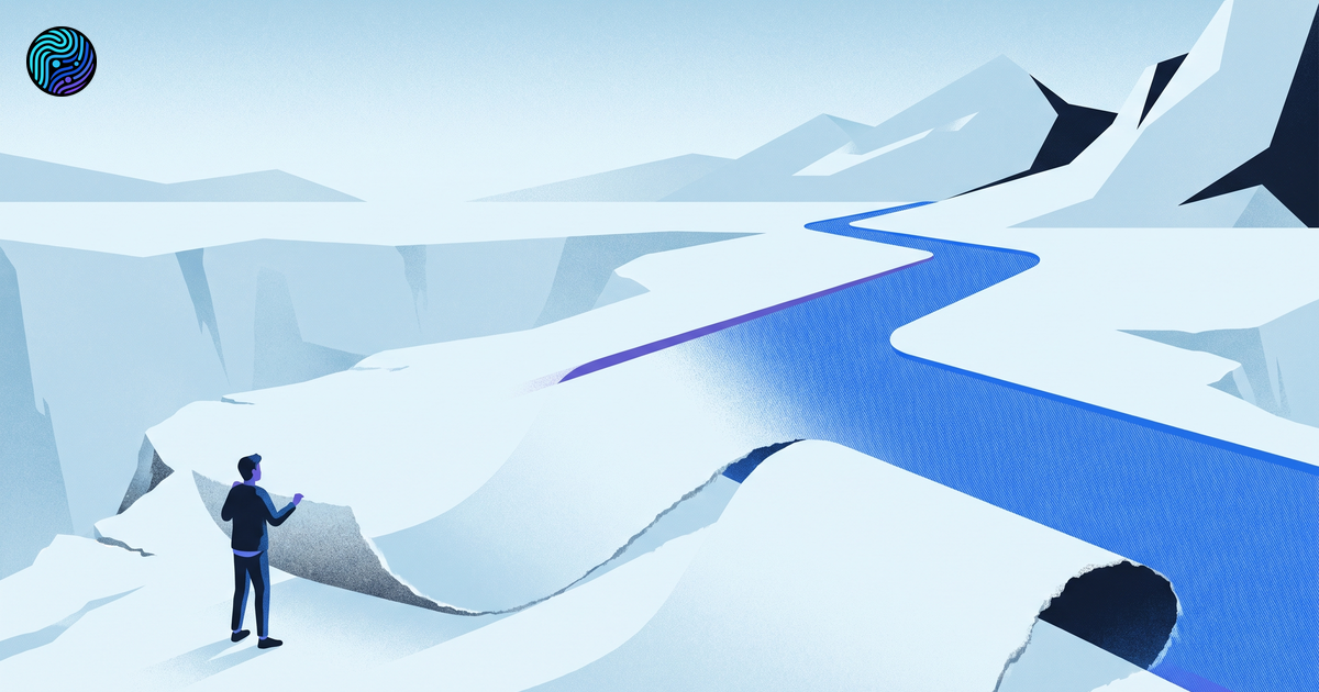 A person stands beside a rough-edged paper landscape that becomes a clear blue path through open mountains.