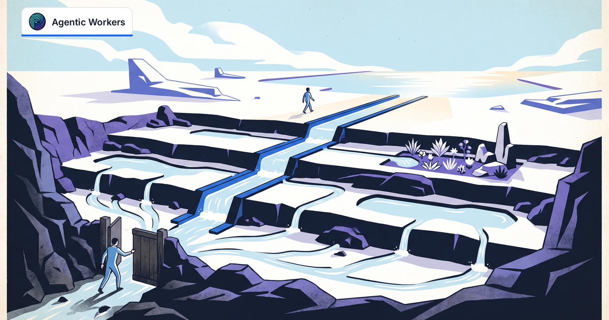 Water channels cross natural terraces as people move toward an open horizon.