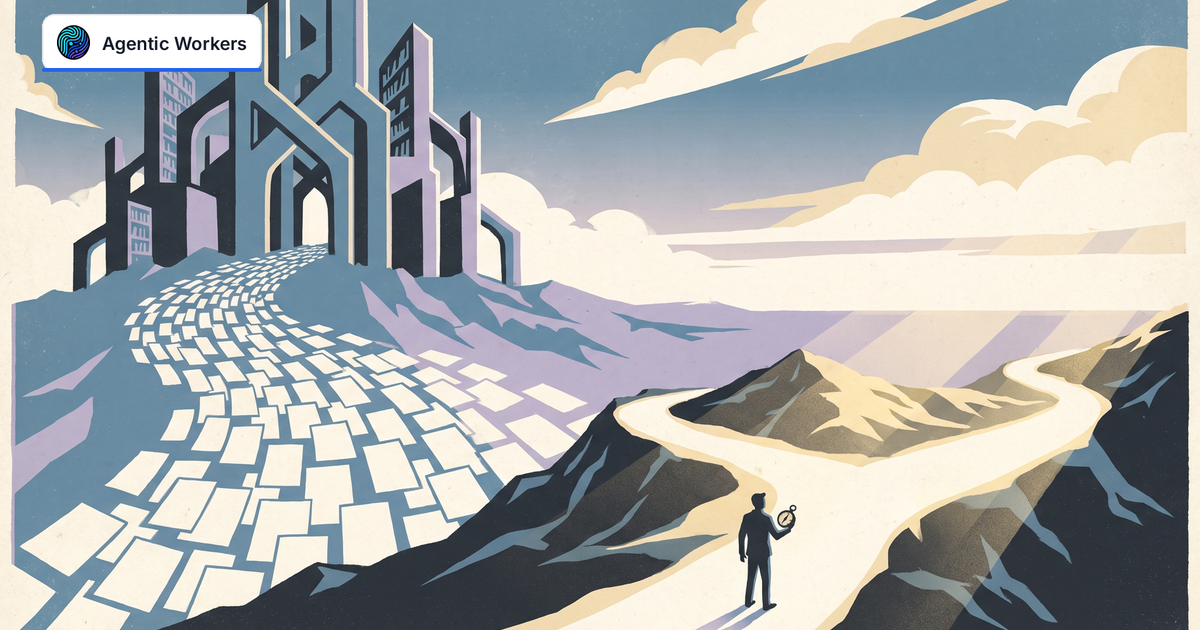 A vast geometric library gives way to a person holding a compass at a sunlit fork in a mountain path.