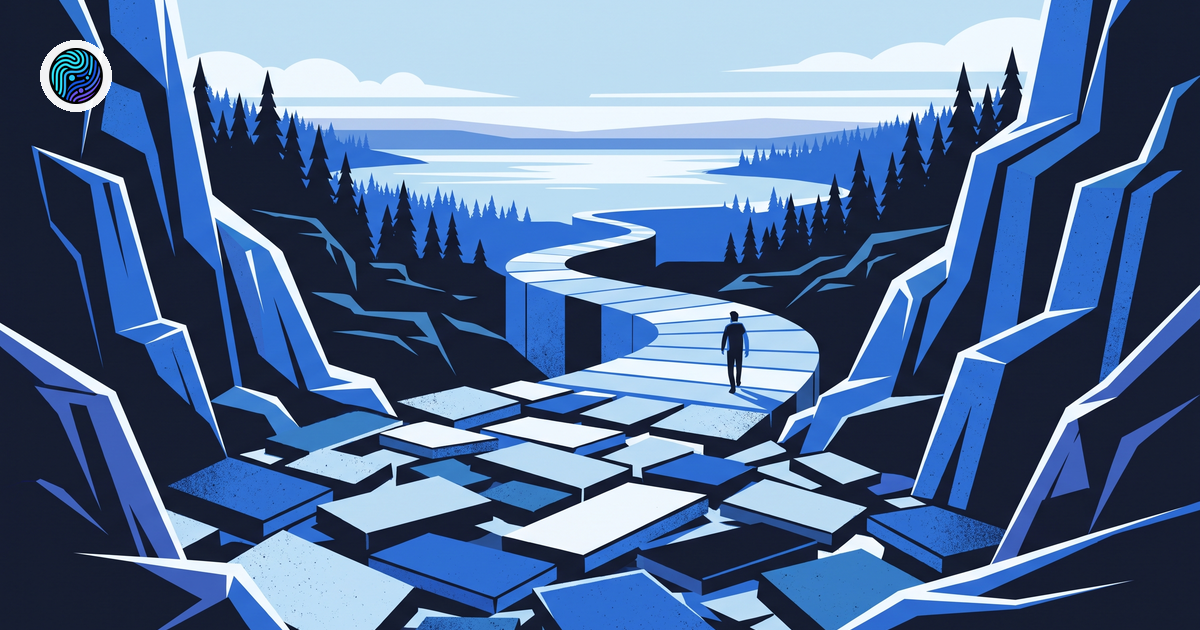 A clear path formed from scattered blank tiles leading through a blue canyon toward an open lake.