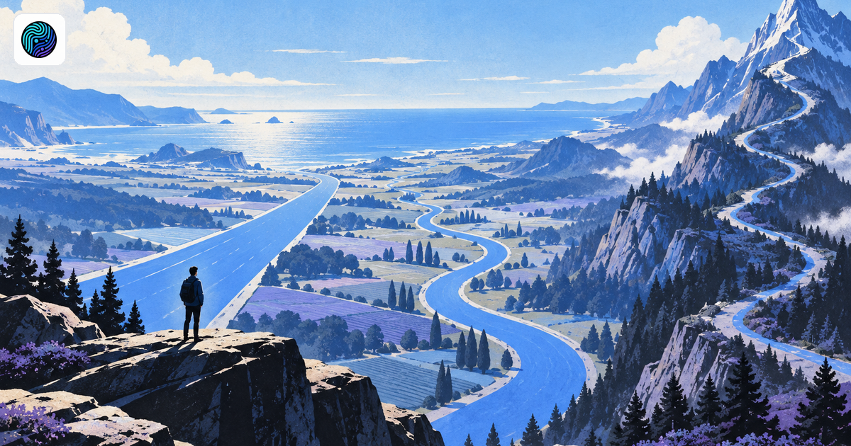 A person chooses among three blue routes through mountains toward an open coast.