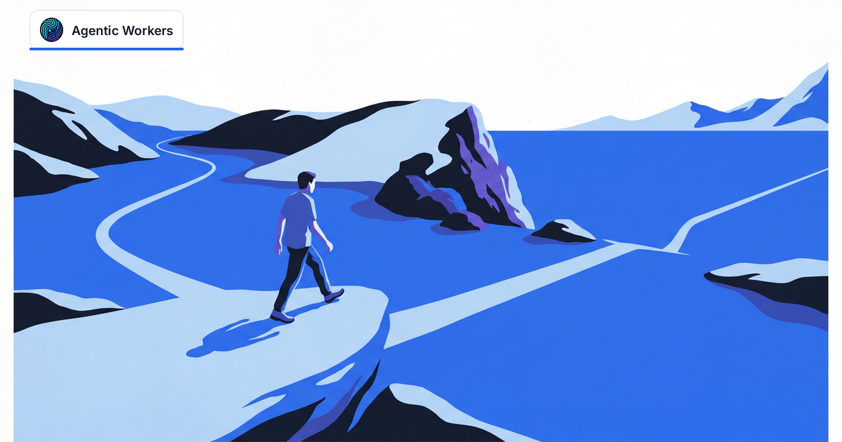 A traveler steps from a familiar looping trail toward a new route across an open blue valley.