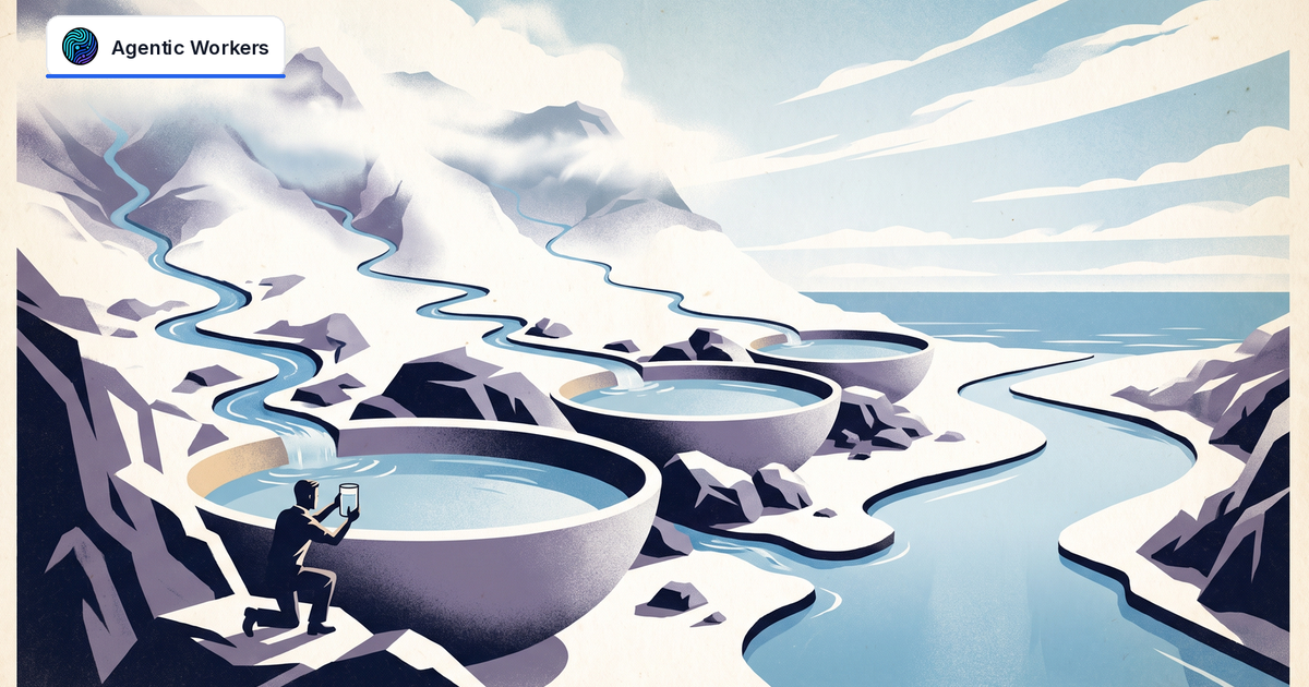 A person samples water as several mountain streams pass through basins and merge toward the sea.