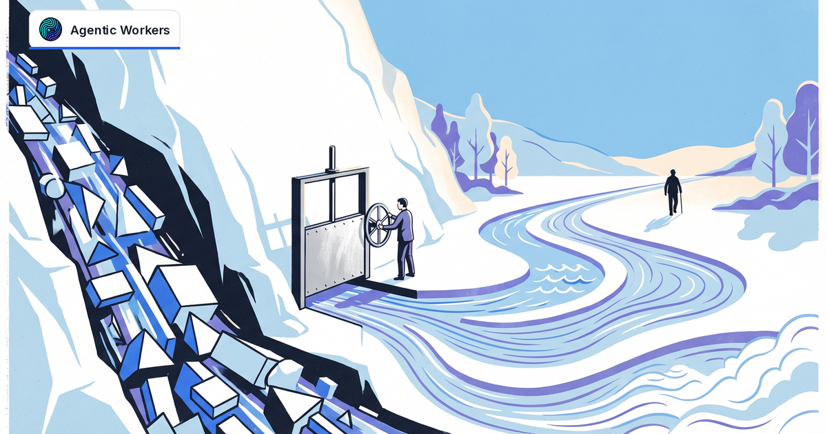A person regulates a rushing flow through a simple gate as calm channels open into a spacious valley.
