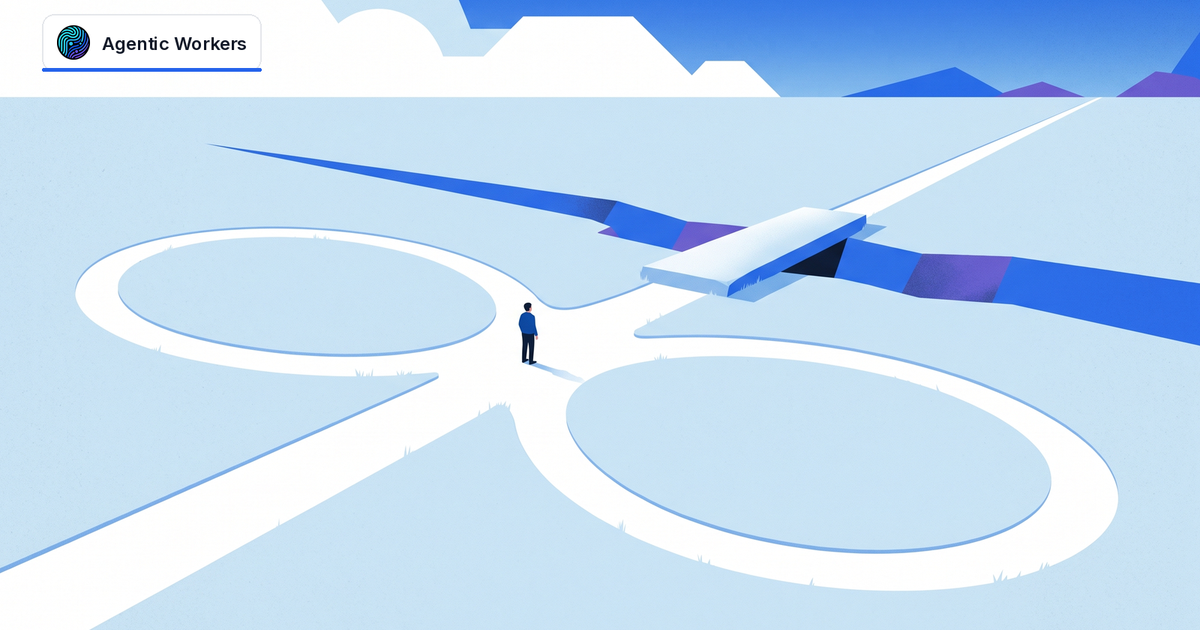 A person stands where two paths loop back and another crosses a single stone bridge toward blue mountains.