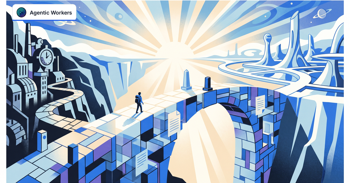 A traveler crosses an evidence-built bridge from an old work valley toward a new horizon.