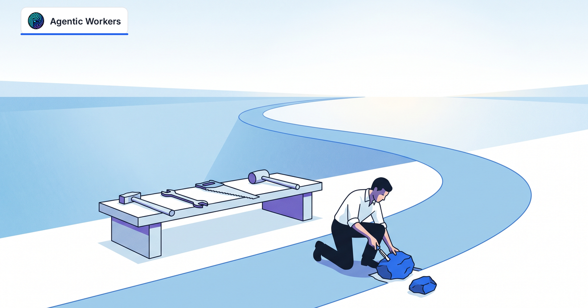 A craftsperson shapes a blue stone beside four tools and a clear path toward an open horizon.
