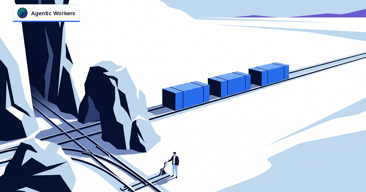 Blue cargo cases travel on steel rails through a pale mountain pass as a person controls a manual switch.