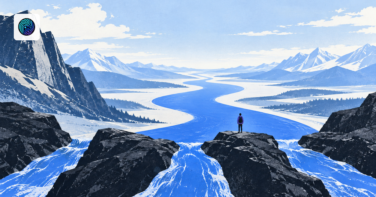 Three blue streams merge into one clear river through an open landscape