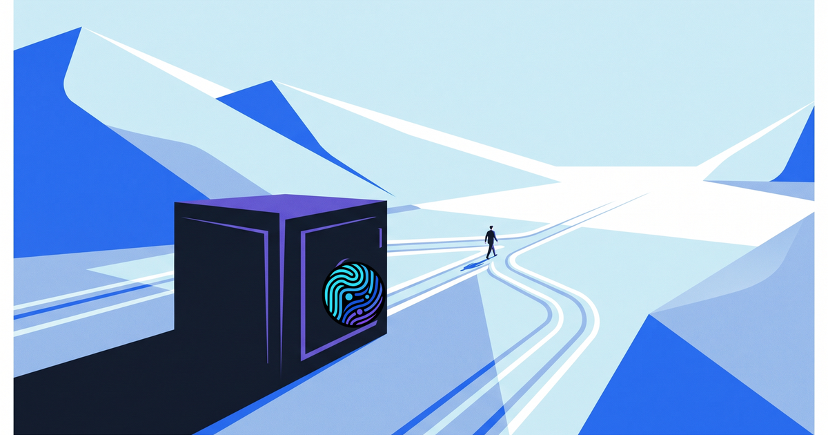 A sealed data vault whose paths extend across a pale blue mountain landscape