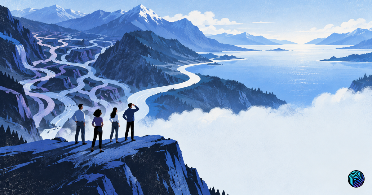 Four people look from tangled mountain paths toward one clear route across a blue landscape