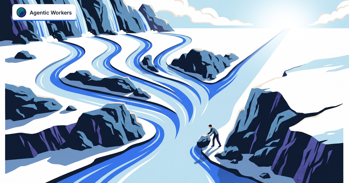 Several blue mountain streams converge into one river as a person guides the flow between rocky banks.