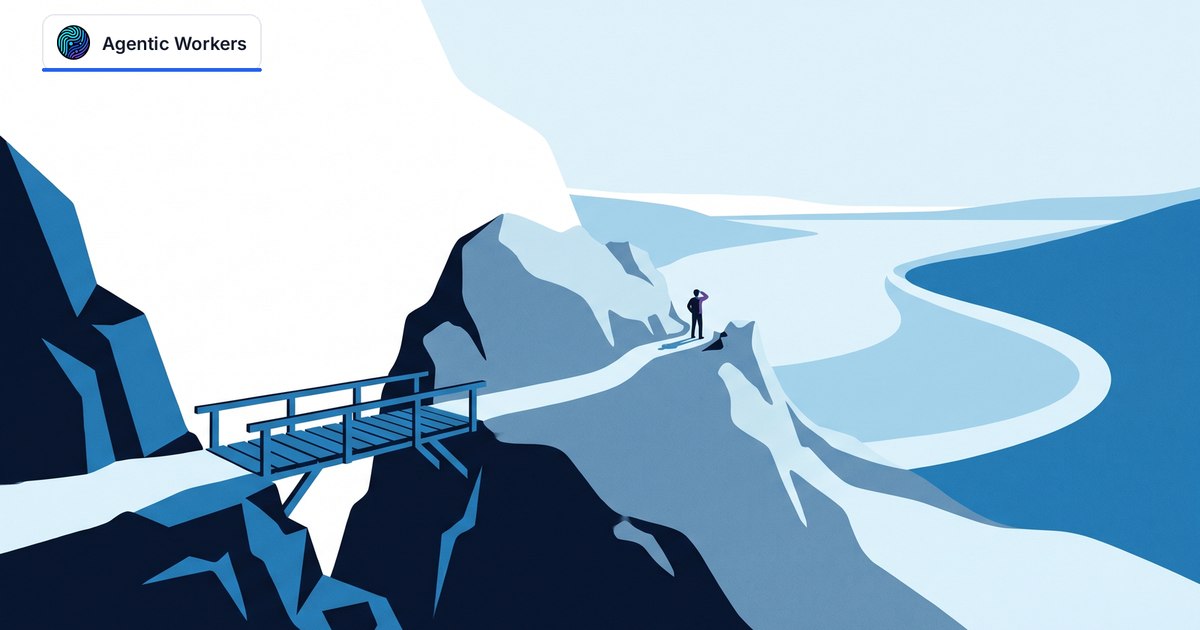 A lone person pauses at a mountain pass after crossing a bridge, with one trail opening into a wide blue valley.